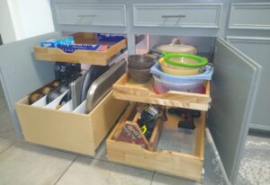 Divided Tray Bin and Slide Out Shelves