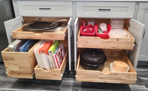 Custom Slide Out Shelves in Variety of Styles and Sizes maximize kitchen efficiency