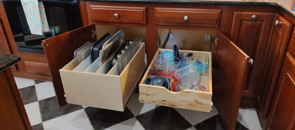 custom slide out shelves with divider bin