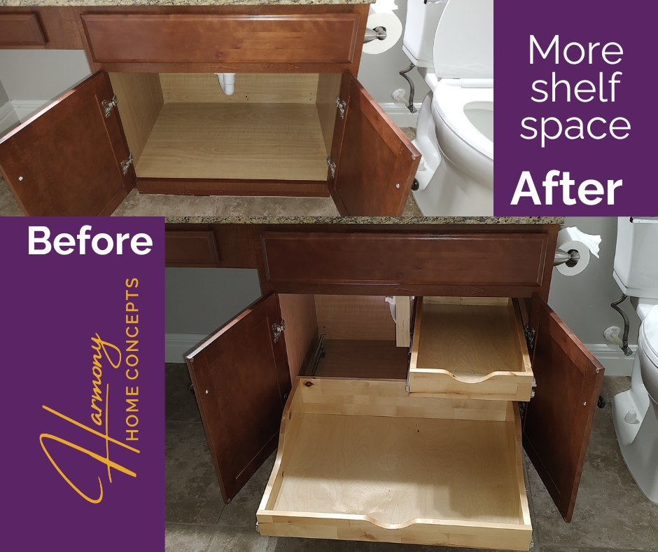 bathroom before after home storage slide out shelves